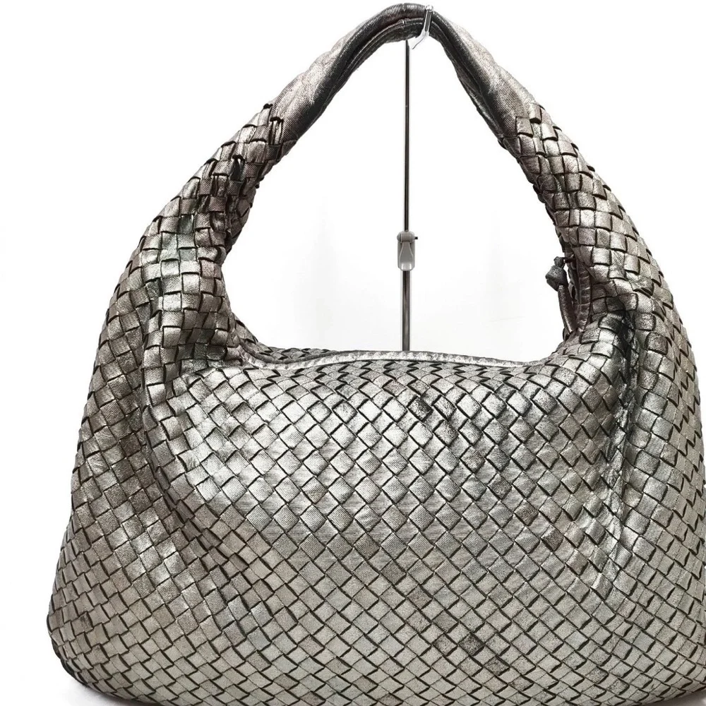 Bottega leather  Veneta Metallic Silver Intrecciato Hobo Bag